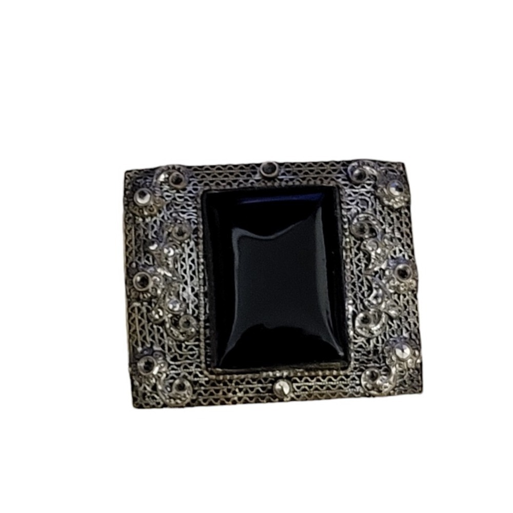 Antique Vintage '20s Czechoslovakia Silver Metal Filigree Marcasite Onyx Brooch